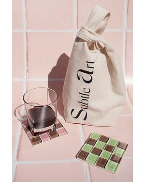 Subtle Studios Chocolate Checkered Glass Tile Coaster - Natural