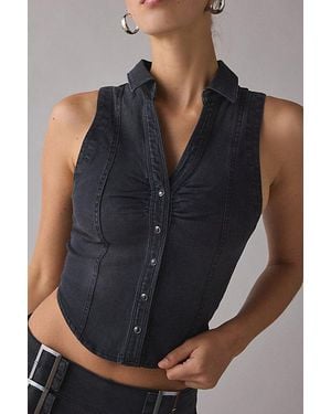 BDG Rae Snap-Front Cropped Denim Vest Top Jacket - Black