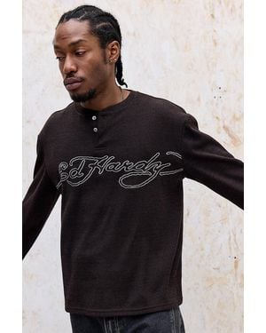 Ed Hardy Uo Exclusive Signature Knitted Henley Top - Black