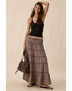 Urban Outfitters Uo Caysie Plaid Pattern Low-Rise Tiered Maxi Skirt - Brown