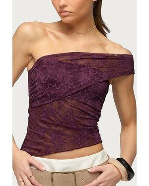 Edikted Asymmetric One Shoulder Sheer Lace Top - Purple