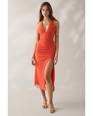 Urban Outfitters Uo Deep Plunge Halter Ruched Mesh Midi Dress - Red