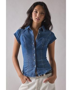 BDG Vero Slim Short Sleeve Snap-Front Denim Shirt Top - Blue