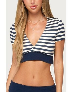 Edikted Fina Contrast Striped V Neck Top - Blue