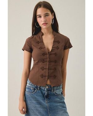 BDG Tori Short Sleeve Frog Button-Down Shirt - Blue