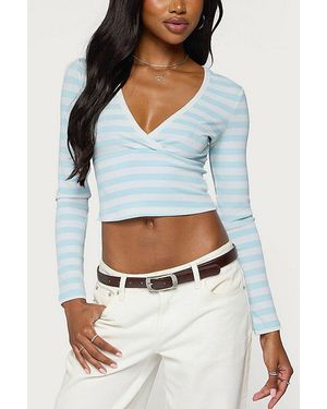 Edikted Phoebey Striped V Neck Top - Blue