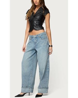 Edikted Faux Leather Tailored Button Up Top - Blue