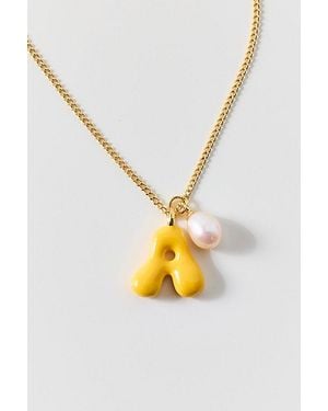 BonBonWhims Puffy Enamel Initial Pearl Necklace - Metallic