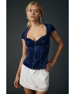 Urban Outfitters Uo Blind Date Zip-Front Short Sleeve Denim Corset Top - Blue