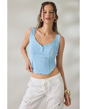 BDG Jules Ruffle Scoop Neck Henley Tank Top - Blue