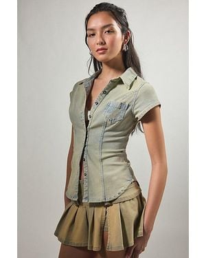 BDG Vero Slim Short Sleeve Snap-Front Denim Shirt Top - Green