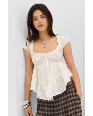BDG Ameila Check Short Sleeve Blouse - White