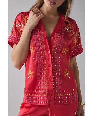 BDG Nash Satin Mirror Sequin Souvenir Short Sleeve Button-Down Shirt - Red