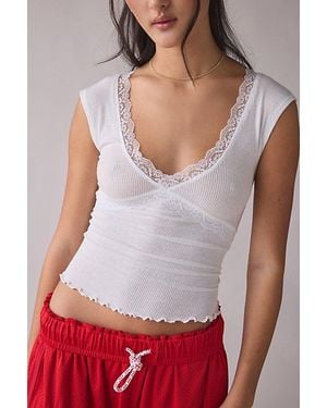 Out From Under Diana Plunging Lace Trim Cap Sleeve Top - White