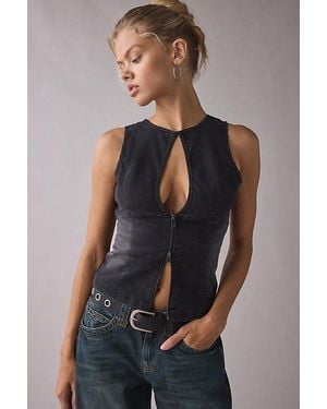 Urban Outfitters Uo Nicola Plunging Keyhole Cutout Zip-Front Denim Vest Top Jacket - Blue