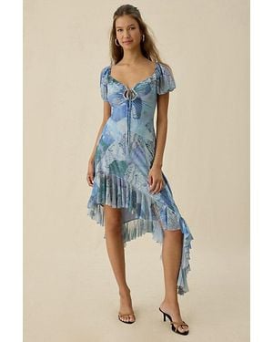 Kimchi Blue Hyacinth Watercolor Mesh Asymmetric Ruffle Midi Dress - Blue