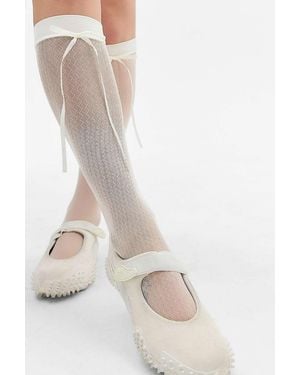 Out From Under Stripe Satin Bow Knee High Socks - White