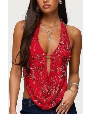 Edikted Beaded Chiffon Backless Cowl Neck Top - Red