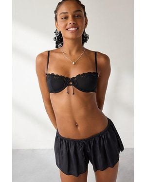 Out From Under Rita Tie-Front Bow Lace Trim Balconette Bra - Black