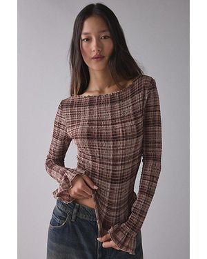 Kimchi Blue Susie Smocked Ruffle Boatneck Long Sleeve Top - Brown