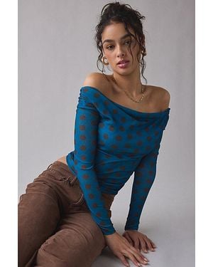 Urban Outfitters Uo Fia Mesh Long Sleeve Off-The-Shoulder Crop Top - Blue