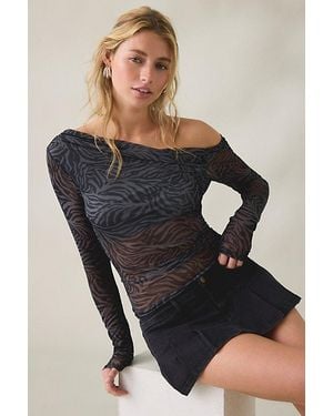 Kimchi Blue Kay Sheer Mesh Asymmetric Off-The-Shoulder Long Sleeve Top - Black