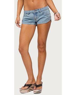 Edikted Pleated Low Rise Denim Micro Shorts - Blue
