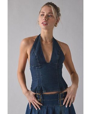 Urban Outfitters Uo With Love Plunging Halter Denim Crop Top - Blue
