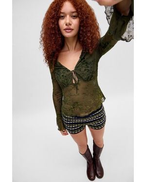 Urban Outfitters Uo Tegan Flocked Flute Long Sleeve Blouse - Green