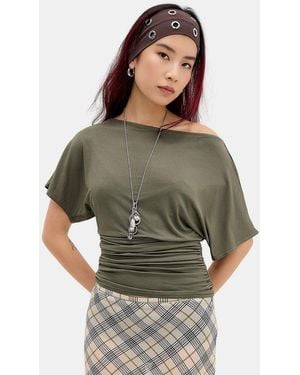 Silence + Noise Silence + Noise Sasha Slash Neck Ruched Waist T-shirt - Green