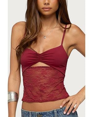 Edikted Damarie Cutout Ruched Sheer Lace Top - Red