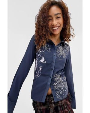 Ed Hardy Dragon Print Fitted Shirt - Blue