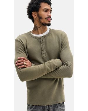 Jaded London Green Waffle Long Sleeve Henley Tee