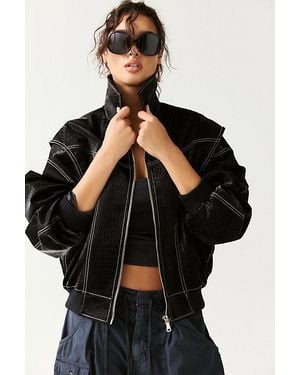 Lioness Vista Croc-Embossed Faux Leather Bomber Jacket - Black