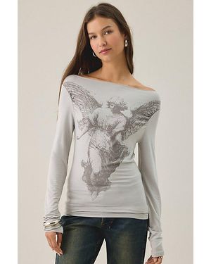Urban Outfitters Gothic Angel Graphic Slash Neck Long Sleeve Tee - Gray