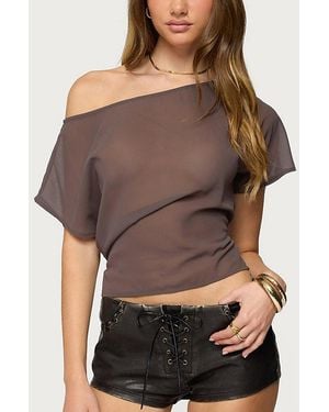 Edikted Noria Sheer Chiffon Off Shoulder Top - Brown