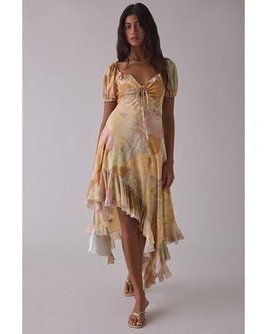 Kimchi Blue Hyacinth Watercolor Mesh Asymmetric Ruffle Midi Dress - Yellow