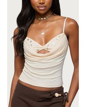 Edikted Iridescent Button Layered Cowl Neck Top - White