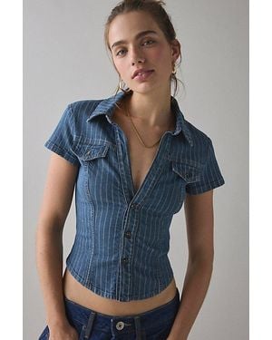 BDG Polly Denim Slim Short Sleeve Button-Up Shirt Top - Blue