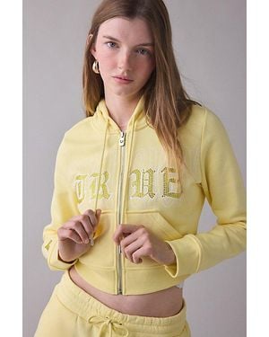 TRUE RELIGION Crystal Embroidered Shrunken Zip-Up Hoodie Sweatshirt - Yellow