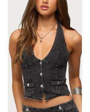 Edikted Sashe Button Up Denim Halter Top - Black