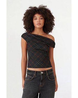 BDG Fia Plaid Off-The-Shoulder Crop Top - Black