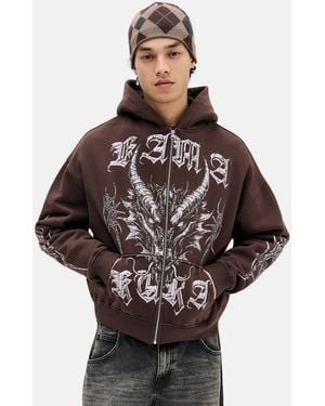 Urban Outfitters Uo Brown Dragon Zip-through Hoodie - Black