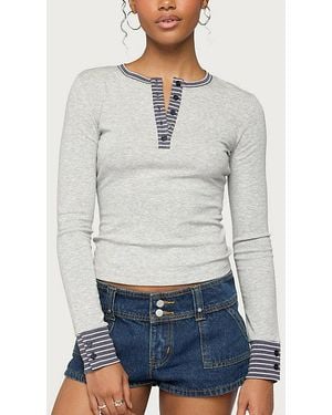 Edikted Nakia Contrast Stripey Henley Top - Gray