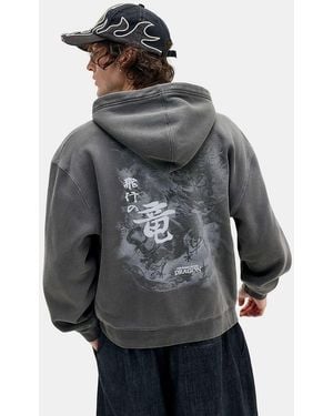 Urban Outfitters Uo Black Grunge Dragon Zip-through Hoodie - Grey