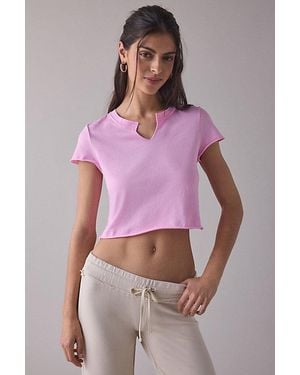 Out From Under No Plans Notch V-Neck Cropped Tee Top - Pink