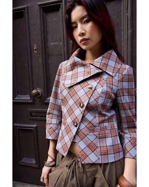 Urban Outfitters Uo Etta Check Asymmetric Pea Coat Jacket - Grey