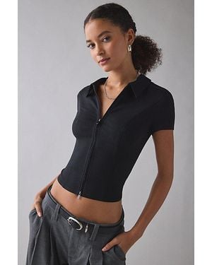Urban Outfitters Uo Ledia Slim Short Sleeve Zip-Front Shirt Top - Black