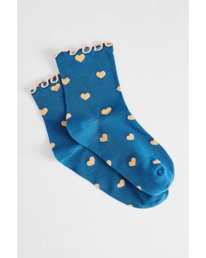 Out From Under Heart Polka-dot Lettuce Edge Ankle Socks - Blue