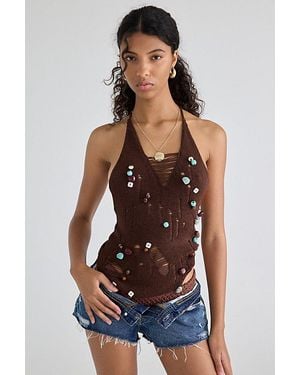 Urban Outfitters Uo Cora Embellished Knit Open-Back Halter Top - Blue